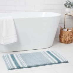 20"x34" Low Chenille Memory Foam Bath Rug - Threshold™ Aqua Stripe