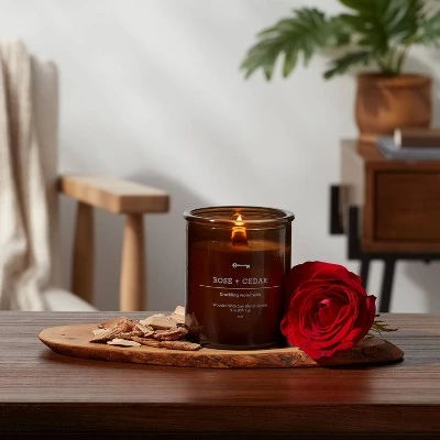 Amber Glass Rose and Cedar Lidded Wooden Wick Jar Candle 9oz - Threshold™ 3 Amber Glass Rose and Cedar Lidded Wooden Wick Jar Candle 9oz - Threshold™